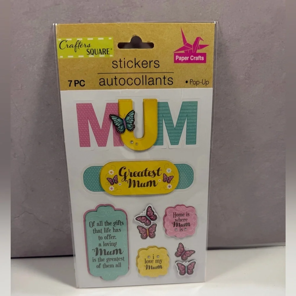 🩷5/$10 Crafted Square 'MUM' Pop-Up Sticker Set - Yellow, Pink, Teal